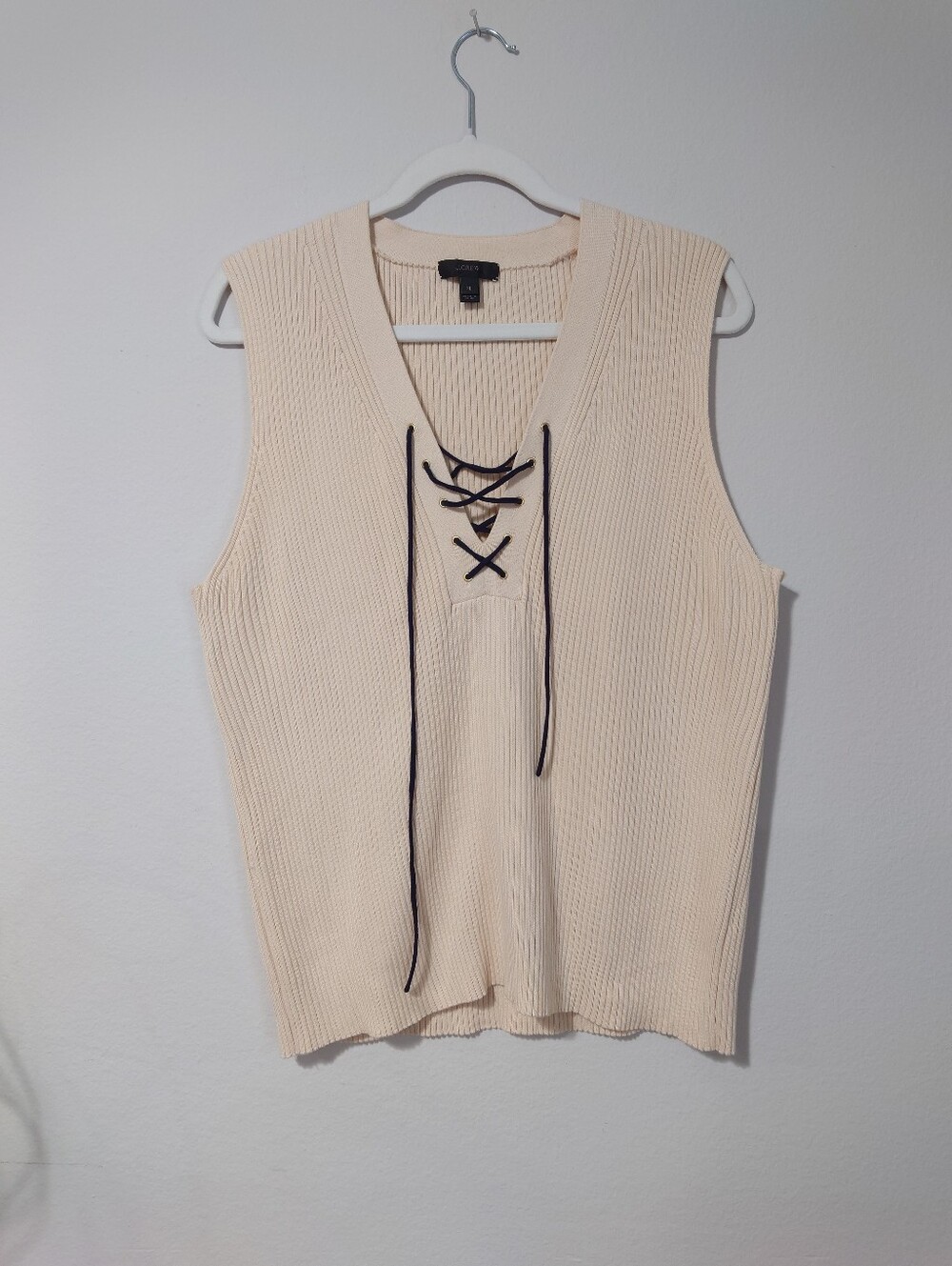J.Crew Rib Knit Lace Up Sweater Tank Top Ivory XL Stretch Cotton Blend